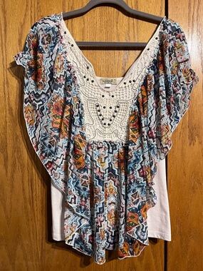 ONE WORLD Multicolor Boho Crochet Yoke Flutter Sleeve Tunic